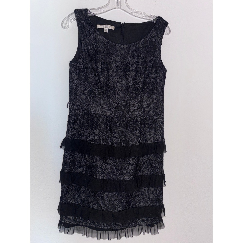 Evan-Picone Black Lace Tiered Ruffle Cocktail Dress Petite 12P‎ Sleeveless Gray
